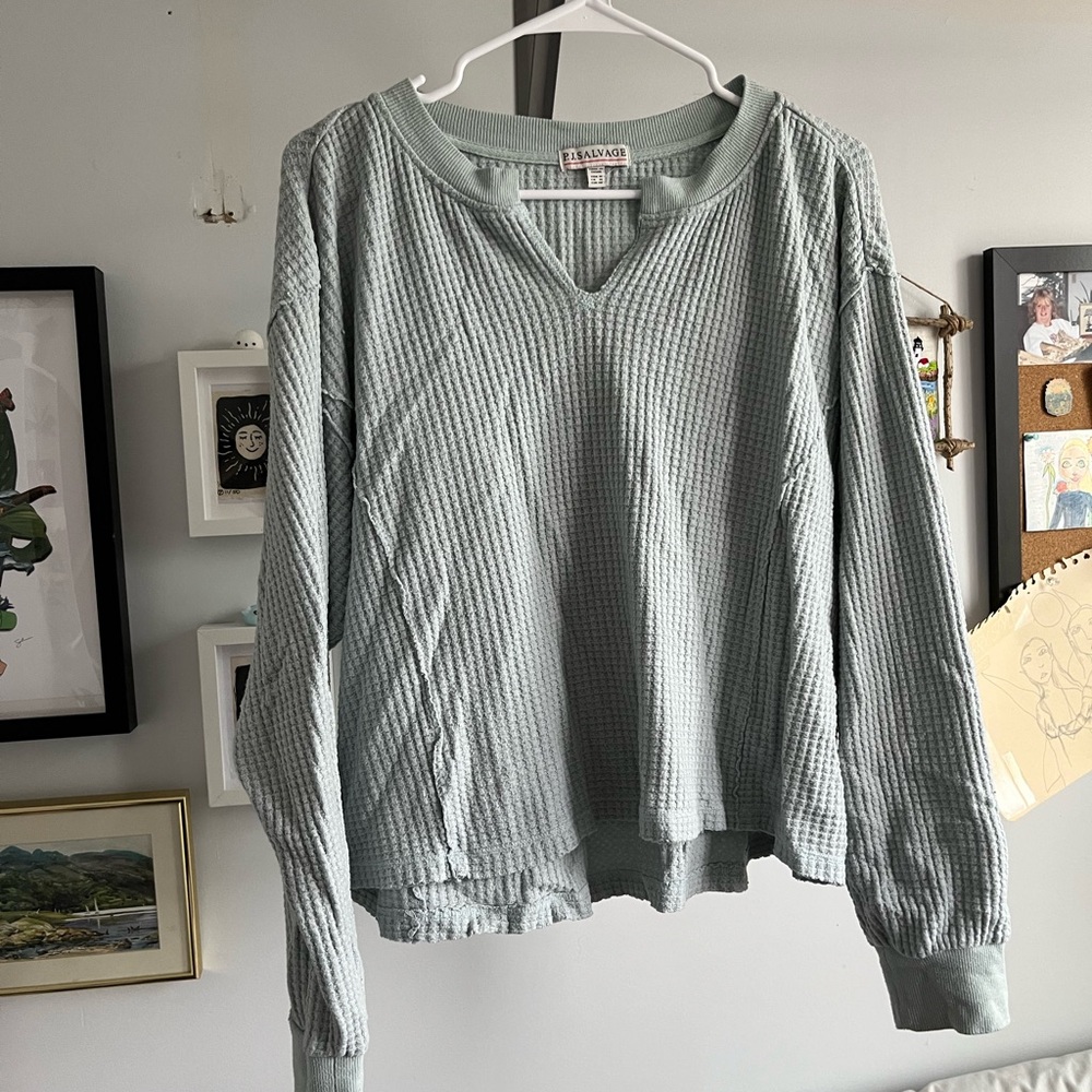 Light Green Waffle Knit Long Sleeve Top